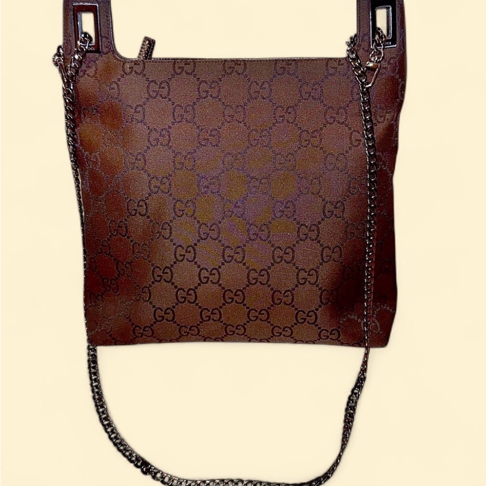Authentic Gucci GG Canvas Shoulder Bag|Brown Nylon w/Black Logo|Unbranded Chain